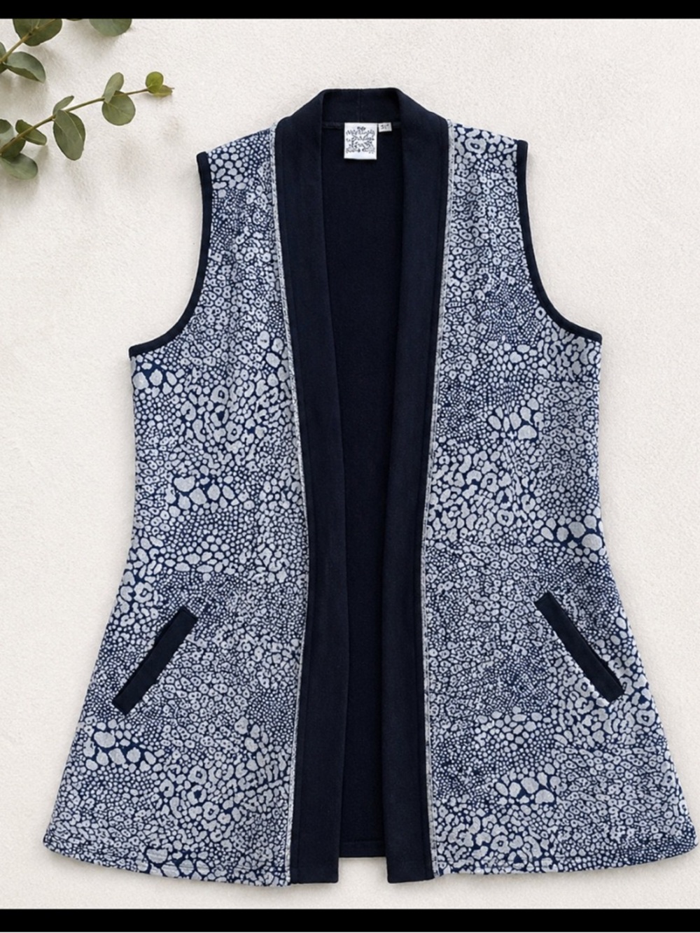 Parsley & Sage Sweater Vest Large Blue Open Front Textured Print Boho Layering
